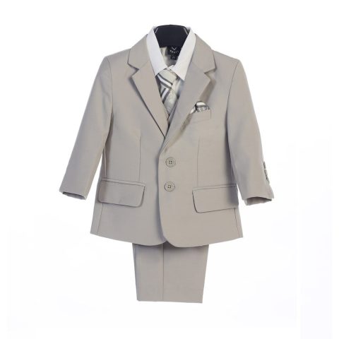 Boys Light Gray Jacket Vest Pocket Square Tie Shirt Pant 5 Pc Suit 2T-7