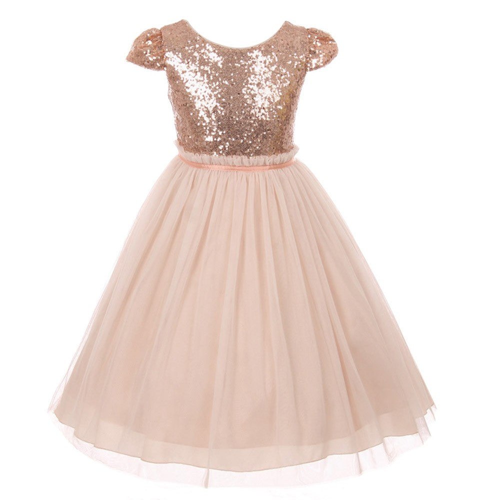 Little Girls Blush Sequins Tulle Cap Sleeves Easter Dress 2-6