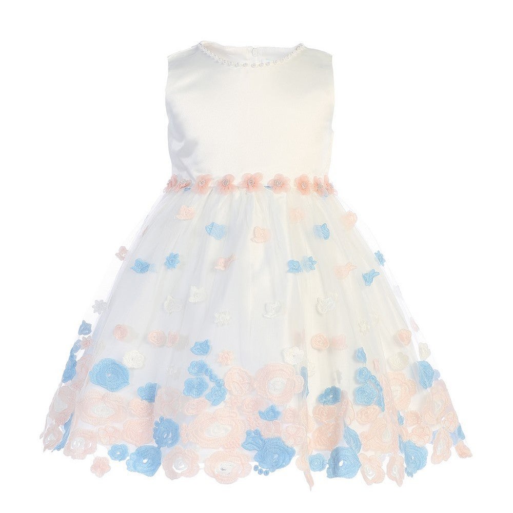 Little Girls Ivory Blue Satin Tulle Flower Girl Dress 2-4T