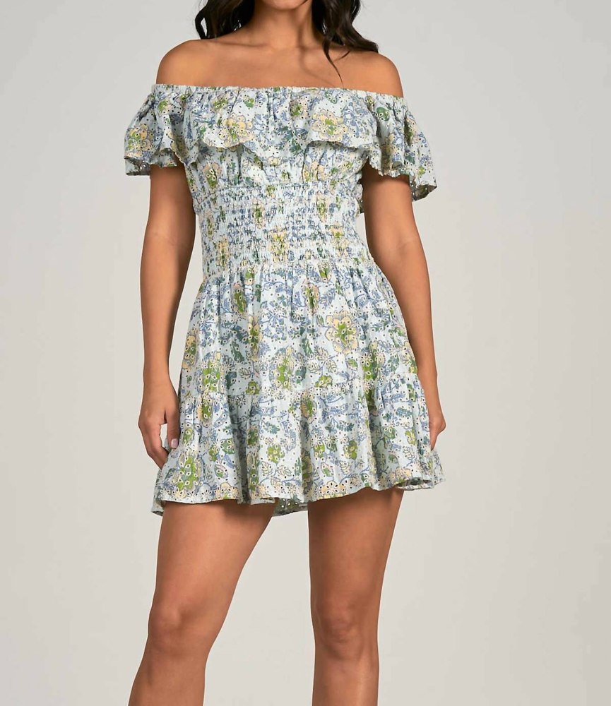 Off Shoulder Ruffle Dress In White/floral