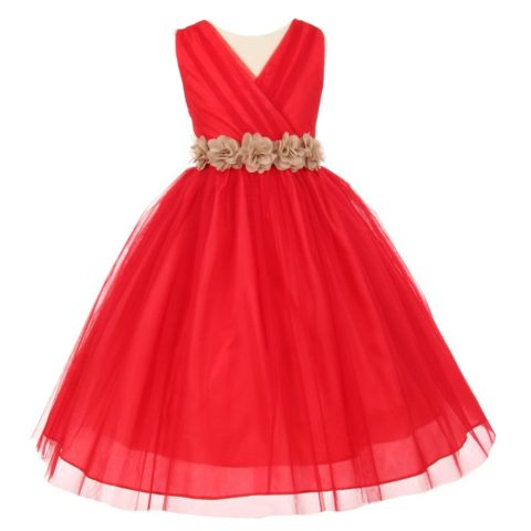 Big Girls Red Champagne Chiffon Flowers Tulle Junior Bridesmaid Dress 8-14
