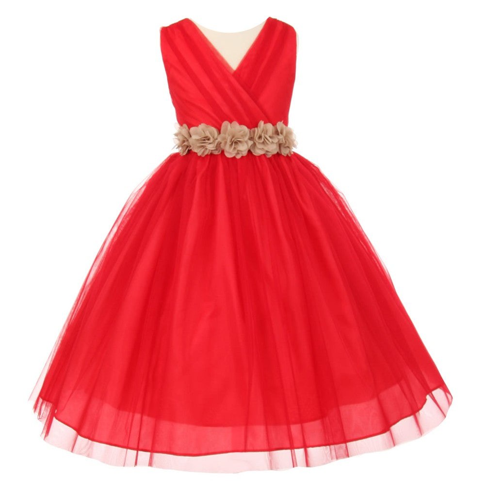 Big Girls Red Champagne Chiffon Flowers Tulle Junior Bridesmaid Dress 8-14