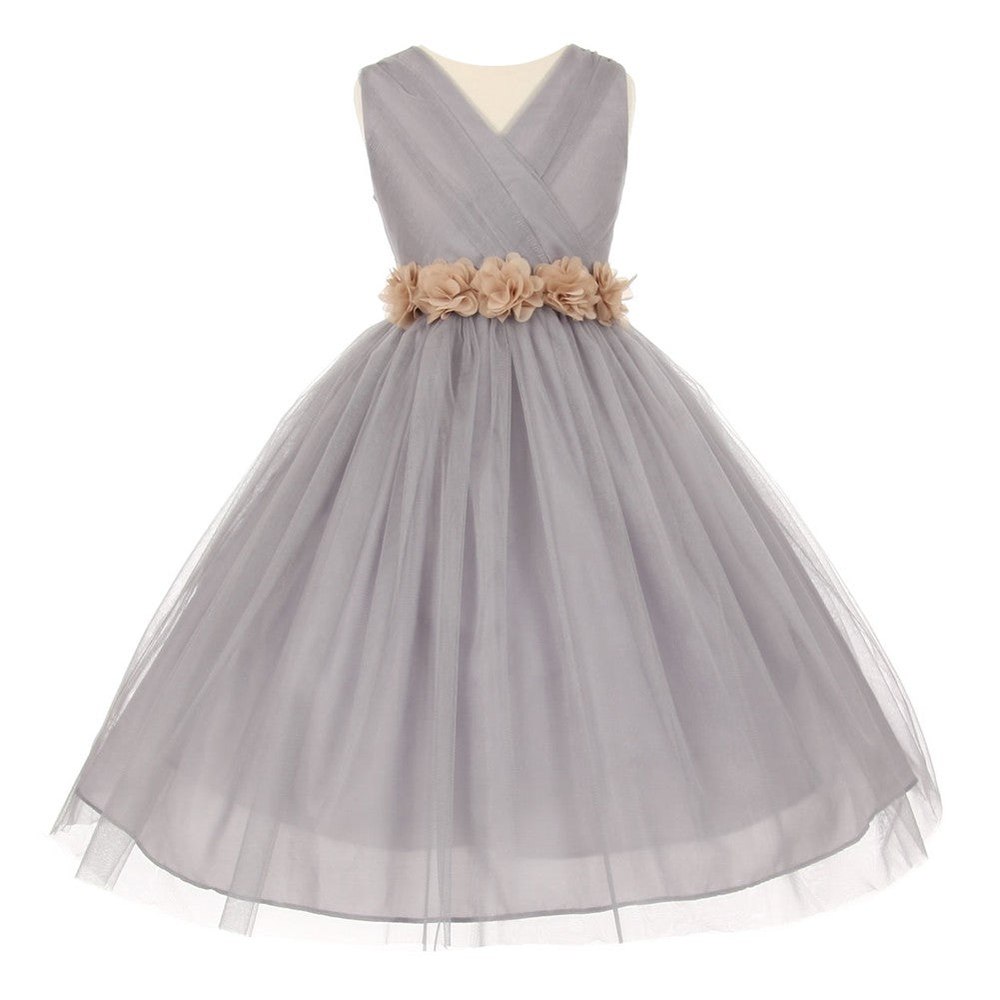 Big Girls Silver Champagne Chiffon Flowers Tulle Junior Bridesmaid Dress 8-14