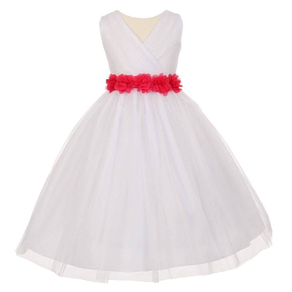 Big Girls White Fuchsia Chiffon Flowers Tulle Junior Bridesmaid Dress 8-14