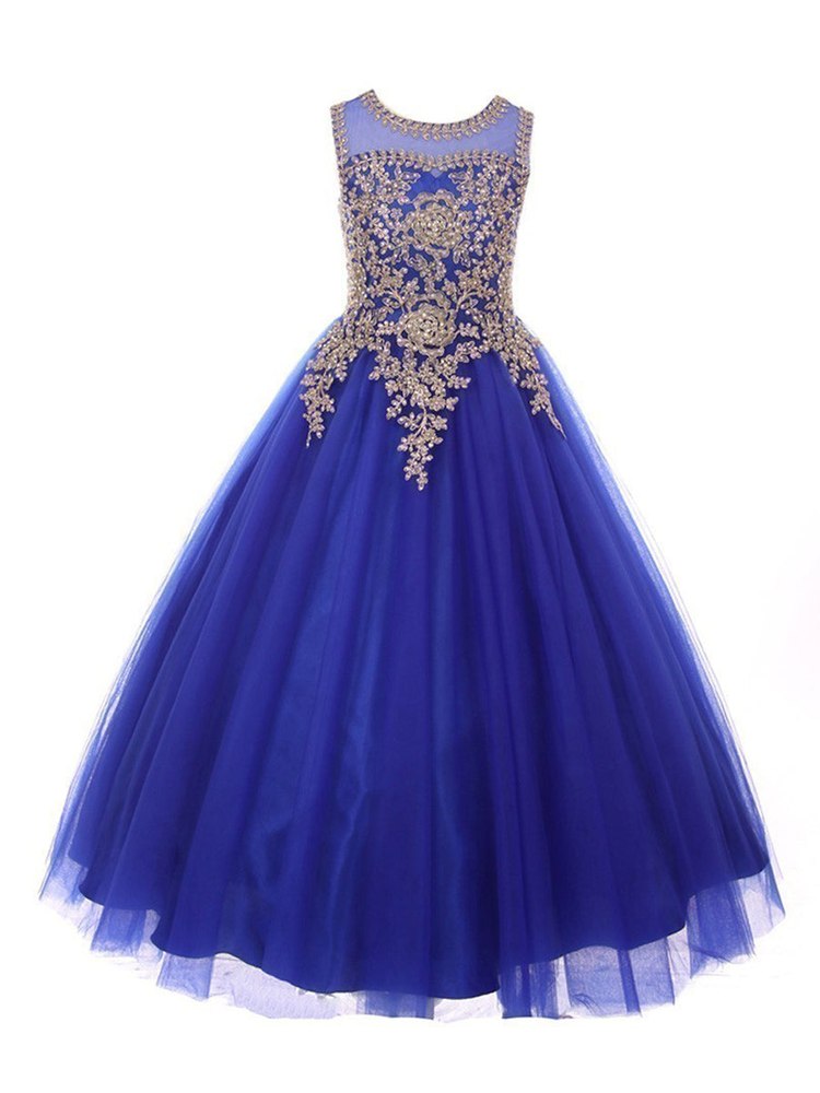 Girls Gold Rhinestone Cording Illusion Flower Girl Dress Size 14