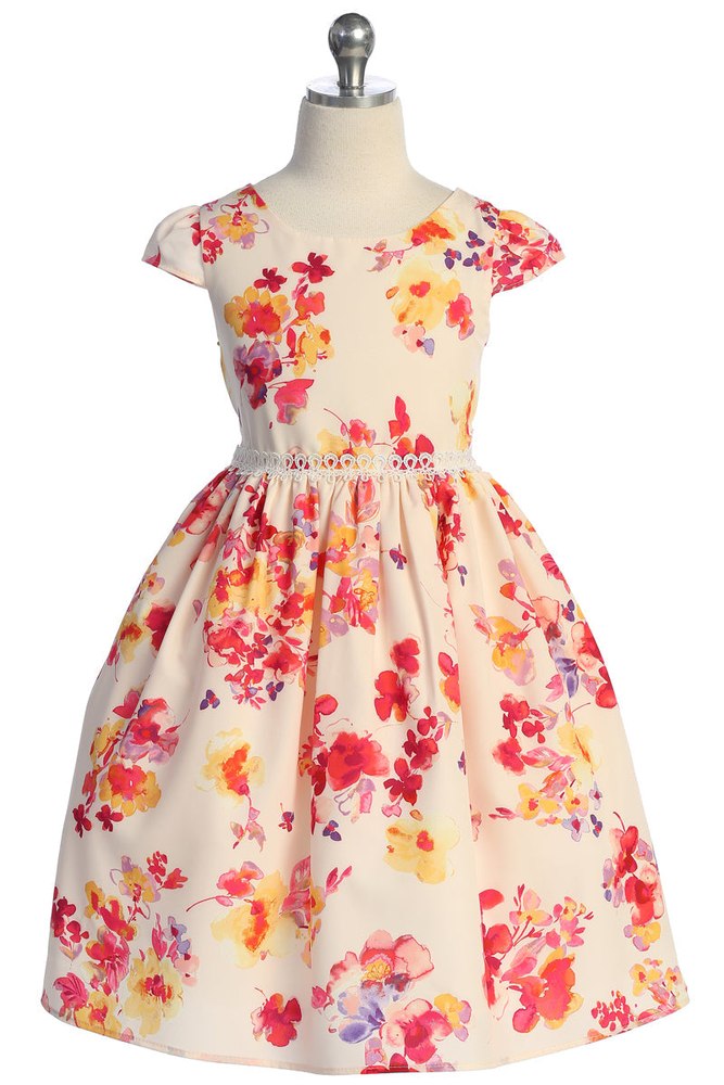 Girls Lace Trim Floral Cap Sleeve Dress 2-14
