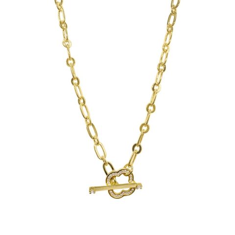 14k Gold Plated Crystal Clover Paper Clip Chain Toggle Necklace