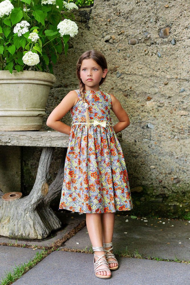 Girls Boho Floral Cotton Print Sleeveless Summer Dress with Bow, Sizes 2-14