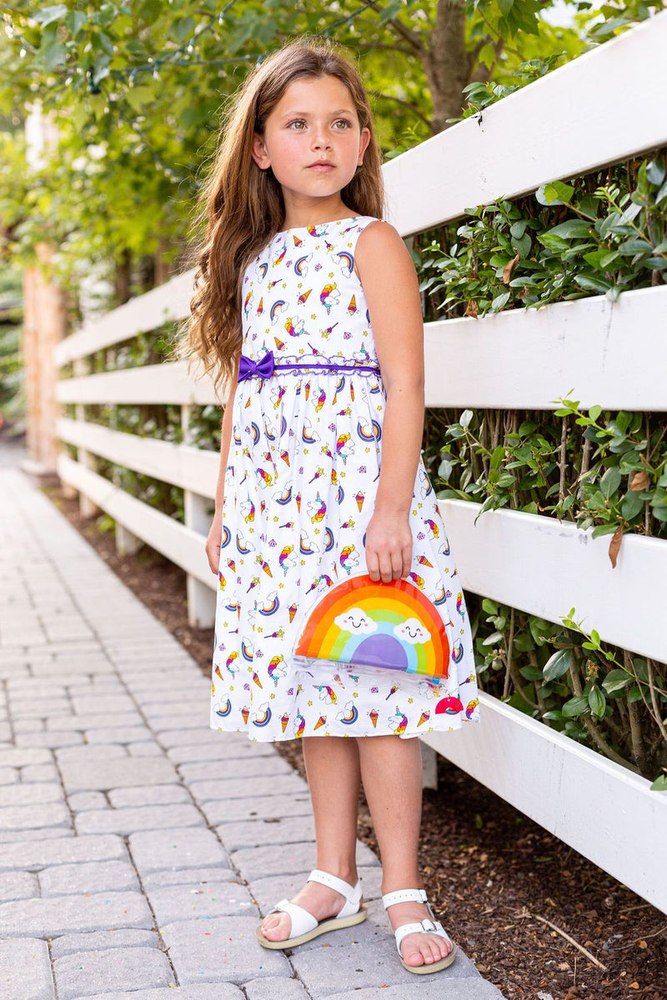 Girls White Unicorn Cotton Print Sleeveless Summer Dress with Bow, Sizes 2-21