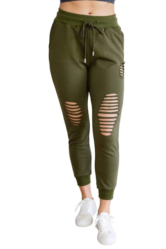 Kick Back Distressed Joggers In Olive 7732449148988