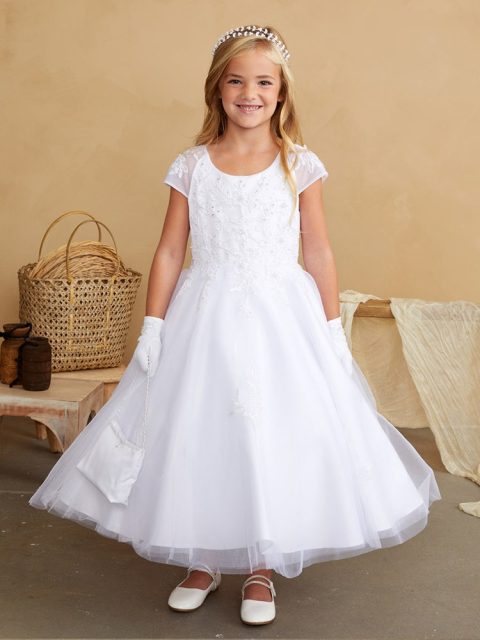 Girls Cap Sleeved Lace Applique Dress with Mesh Overlay Skirt, Sizes 2-16