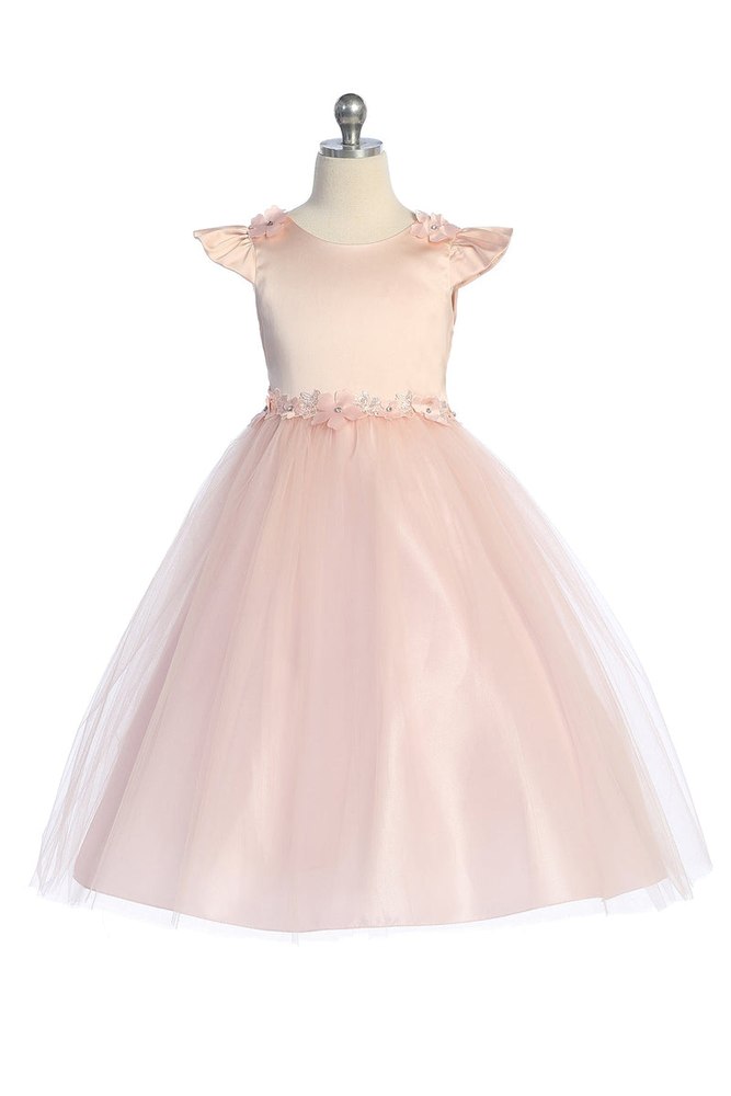Girls Flutter Sleeve Floral Applique Flower Girl Dress 2-14