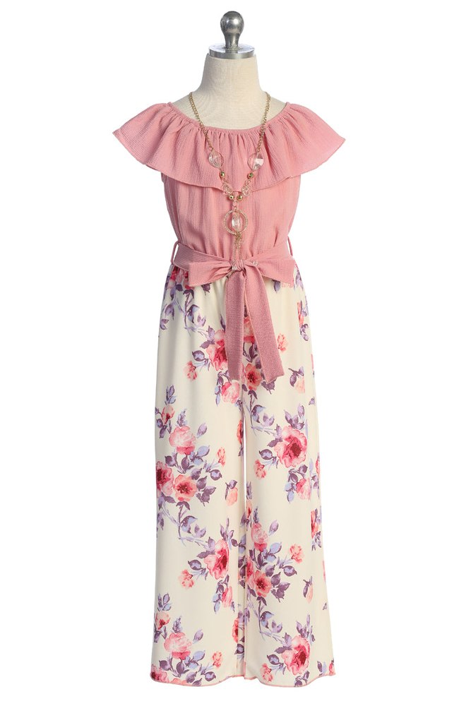 Girls Off-Shoulder Ruffle Jumpsuit with Waist Tie and Necklace, Sizes 4-14