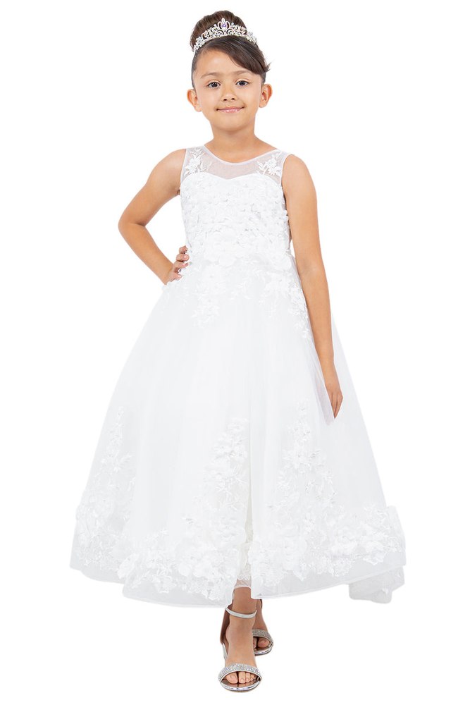 Girls Illusion Tulle Top 3D Flower Sheer Sleeve Flower Girl Dress 2-12