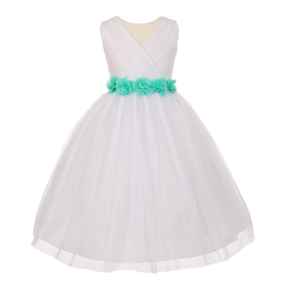 Little Girls White Aqua Chiffon Floral Sash Tulle Flower Girl Dress 2-6