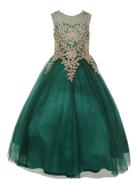 Girls Gold Rhinestone Cording Illusion Flower Girl Dress, Sizes 4-16
