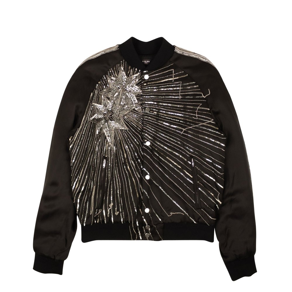Black Viscose Beaded Star Design Bomber Jacket
