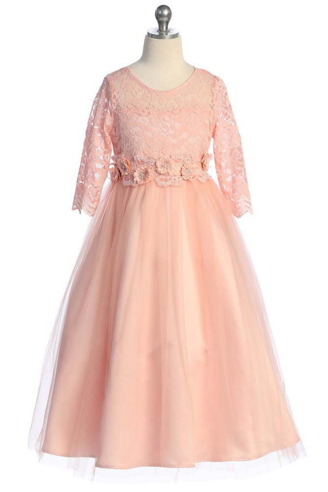Girls Floral Waist Lace and Tulle Flower Girl Dress 4-16