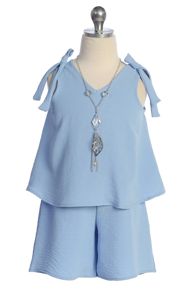 Girls Bow-Shoulder Top and Shorts Necklace Outfit Set, Sizes 4-14