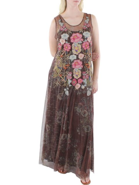 Womens Embroidered Mesh Evening Dress