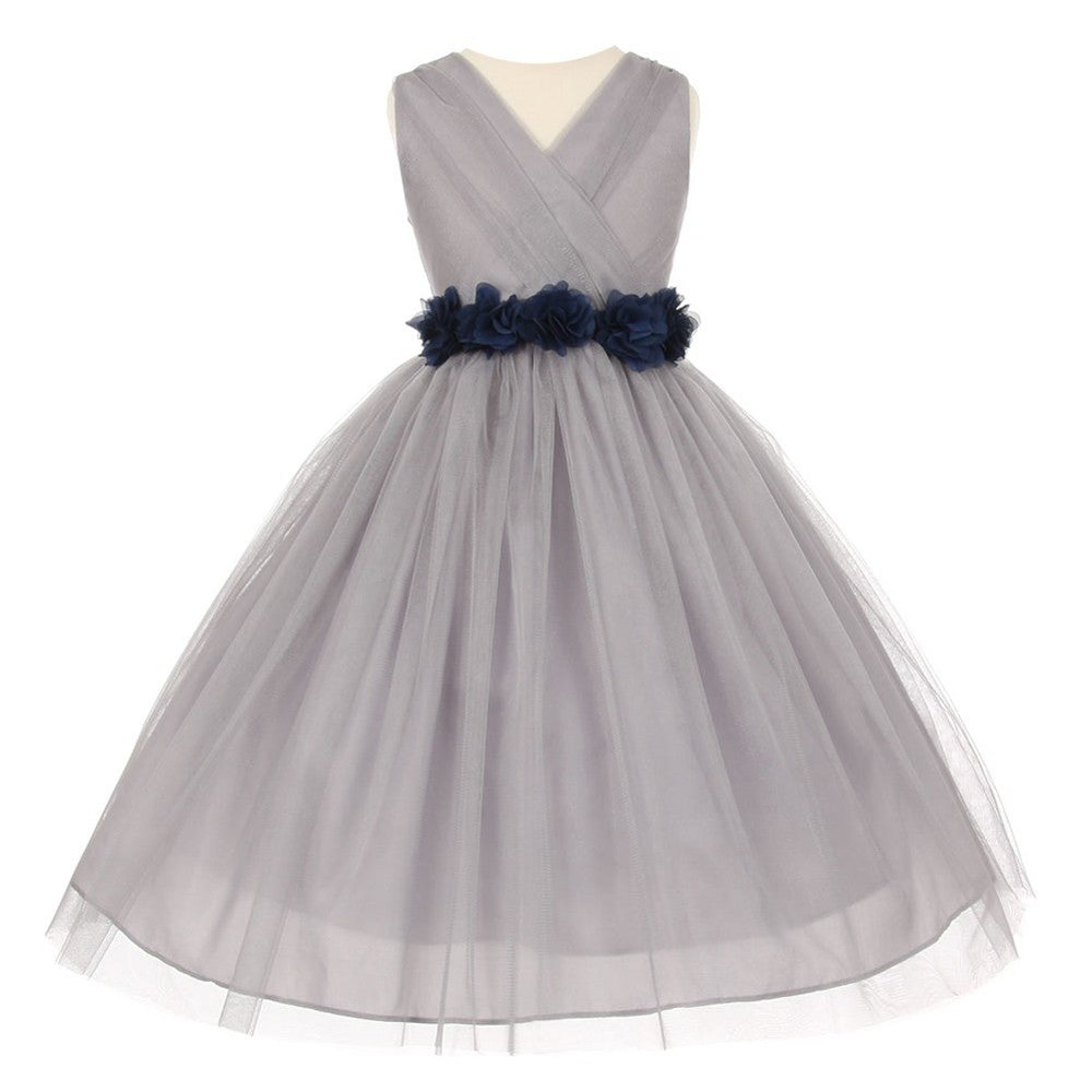 Little Girls Silver Navy Chiffon Floral Sash Tulle Flower Girl Dress 2-6