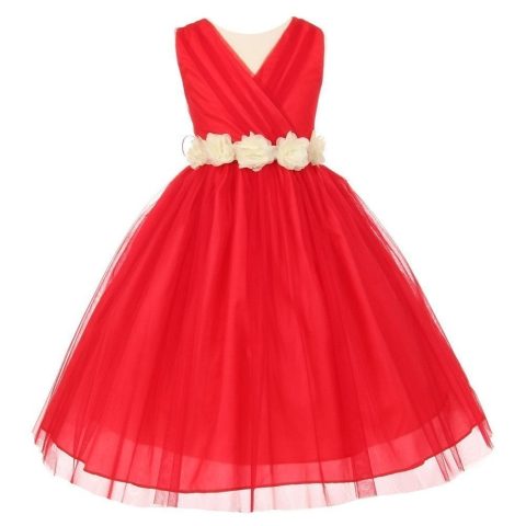 Big Girls Red Ivory Chiffon Flowers Tulle Junior Bridesmaid Dress 8-14