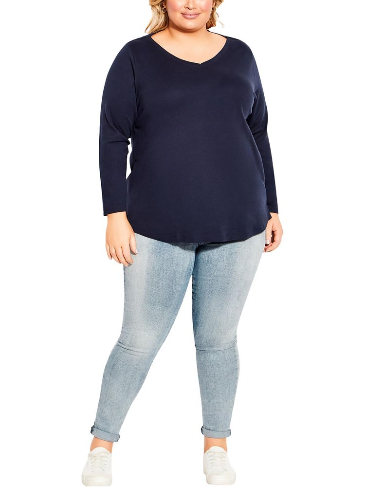 Plus Womens Cotton V Neck Pullover Top