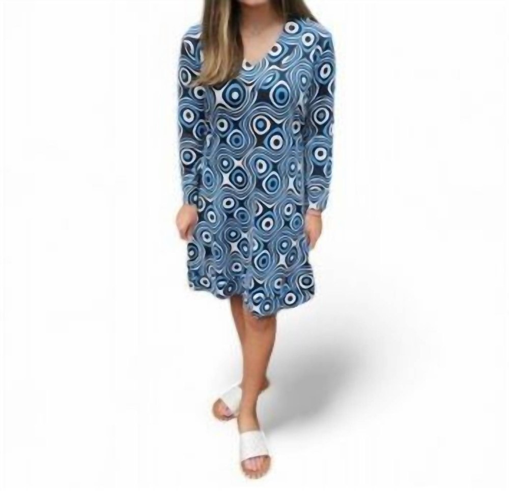 Circle And Swirl Print Vneck Dress In Black/blue/white