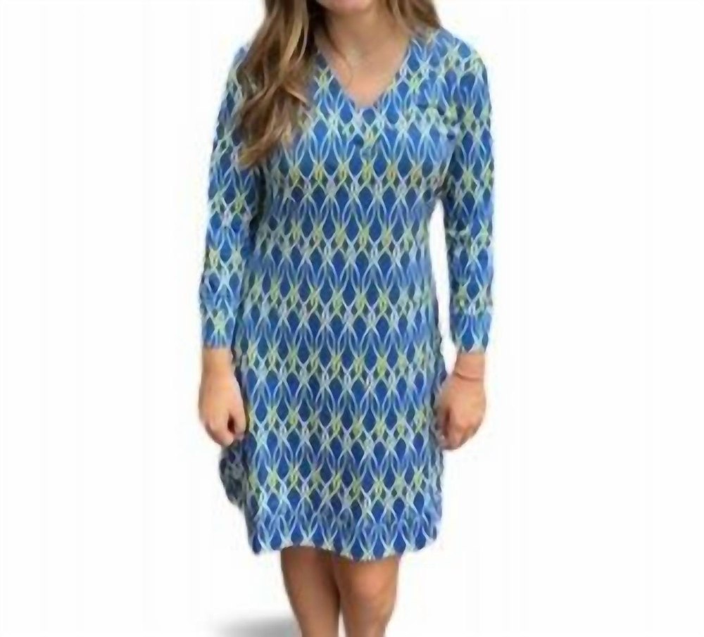 Swirl Print Vneck Dress In Blue/yellow
