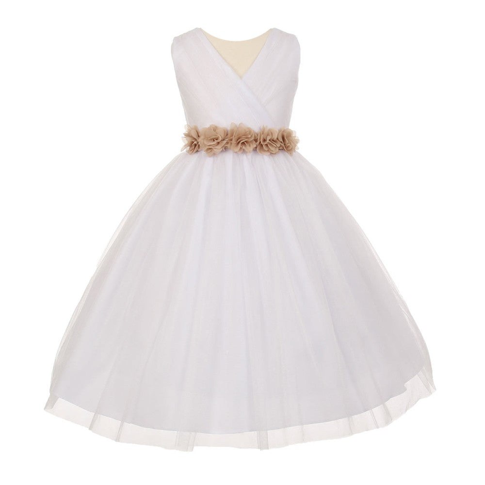 Big Girls White Champagne Chiffon Flowers Tulle Junior Bridesmaid Dress 8-14