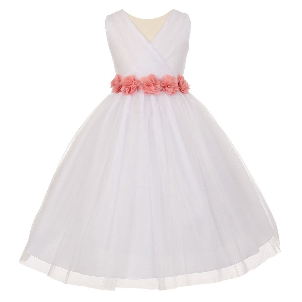 Little Girls White Blush Chiffon Floral Sash Tulle Flower Girl Dress 2-6