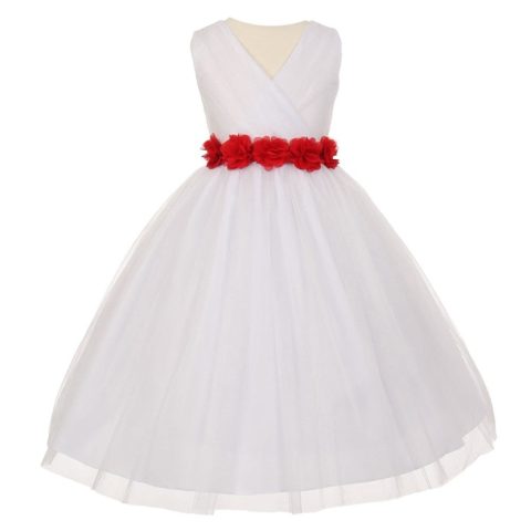 Big Girls White Red Chiffon Flowers Tulle Junior Bridesmaid Dress 8-14