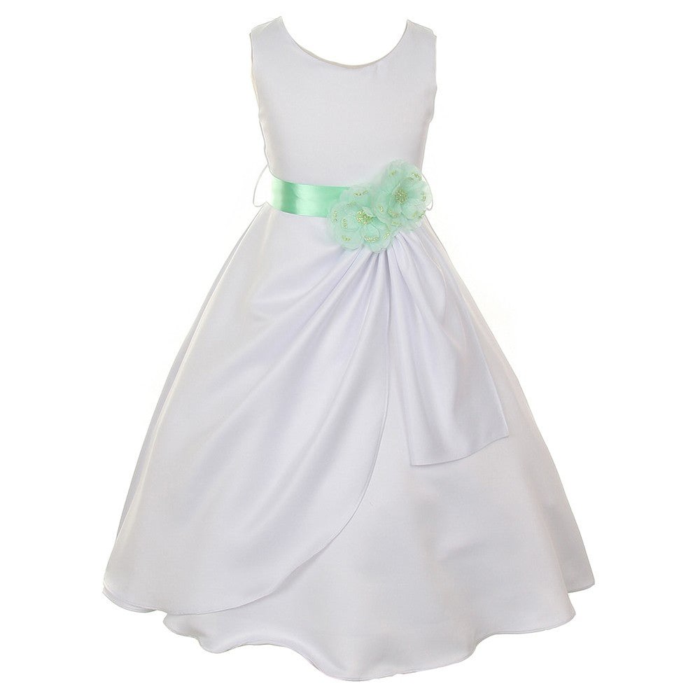 Little Girls White Mint Bridal Dull Satin Sequin Flowers Occasion Dress 2-6