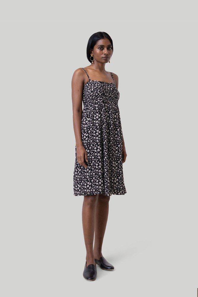 Ruched Strappy Mini Black Floral Dress