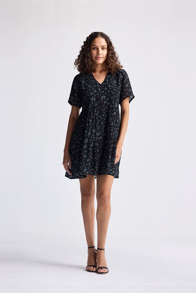 Floral Short Tiered Dress in Dark Blue