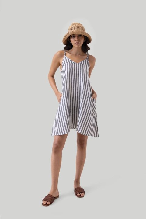 Short Tent Dress in Linen Stripes