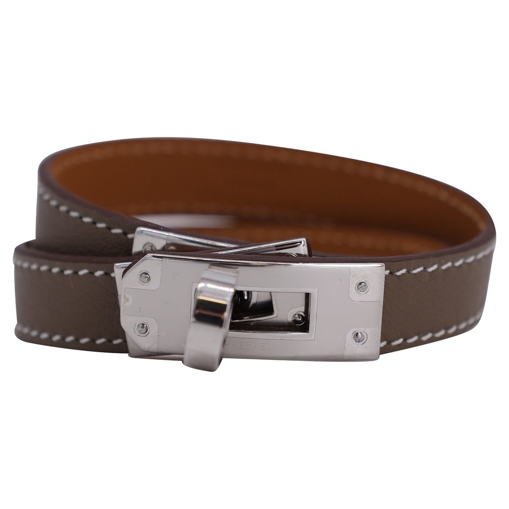 Hermès Kelly Double Tour Silver Palladium Bracelet in Brown Leather 7733743157308