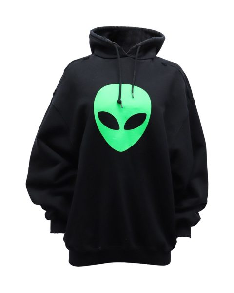 Balenciaga SS21 Distressed Alien Logo Hoodie in Black Cotton 7733743747132