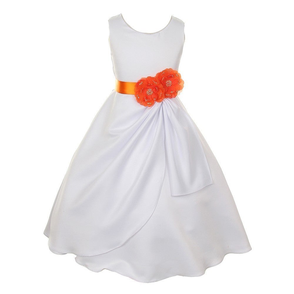 Little Girls White Orange Bridal Dull Satin Sequin Flowers Occasion Dress 2-6