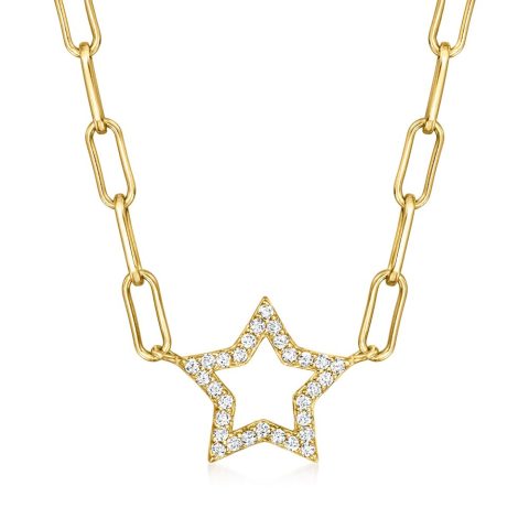 Ross-Simons CZ Star Paper Clip Link Necklace in 18kt Gold Over Sterling