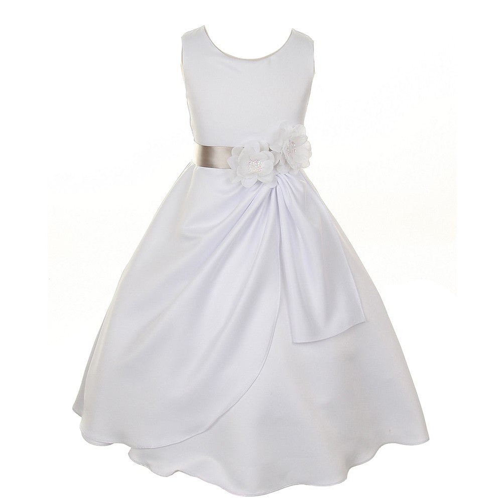 Big Girls White Silver Bridal Dull Satin Sequin Flowers Occasion Dress 8-14
