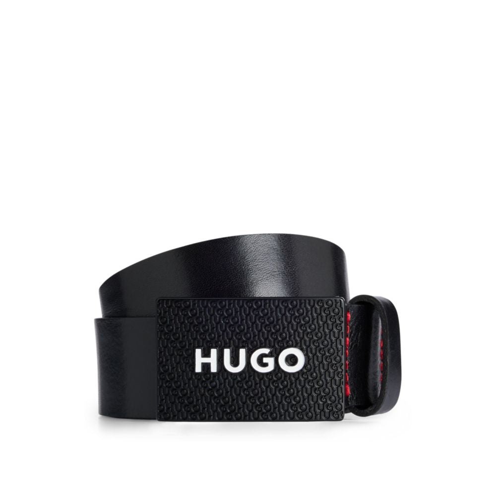 Italian-leather belt with branded plaque buckle