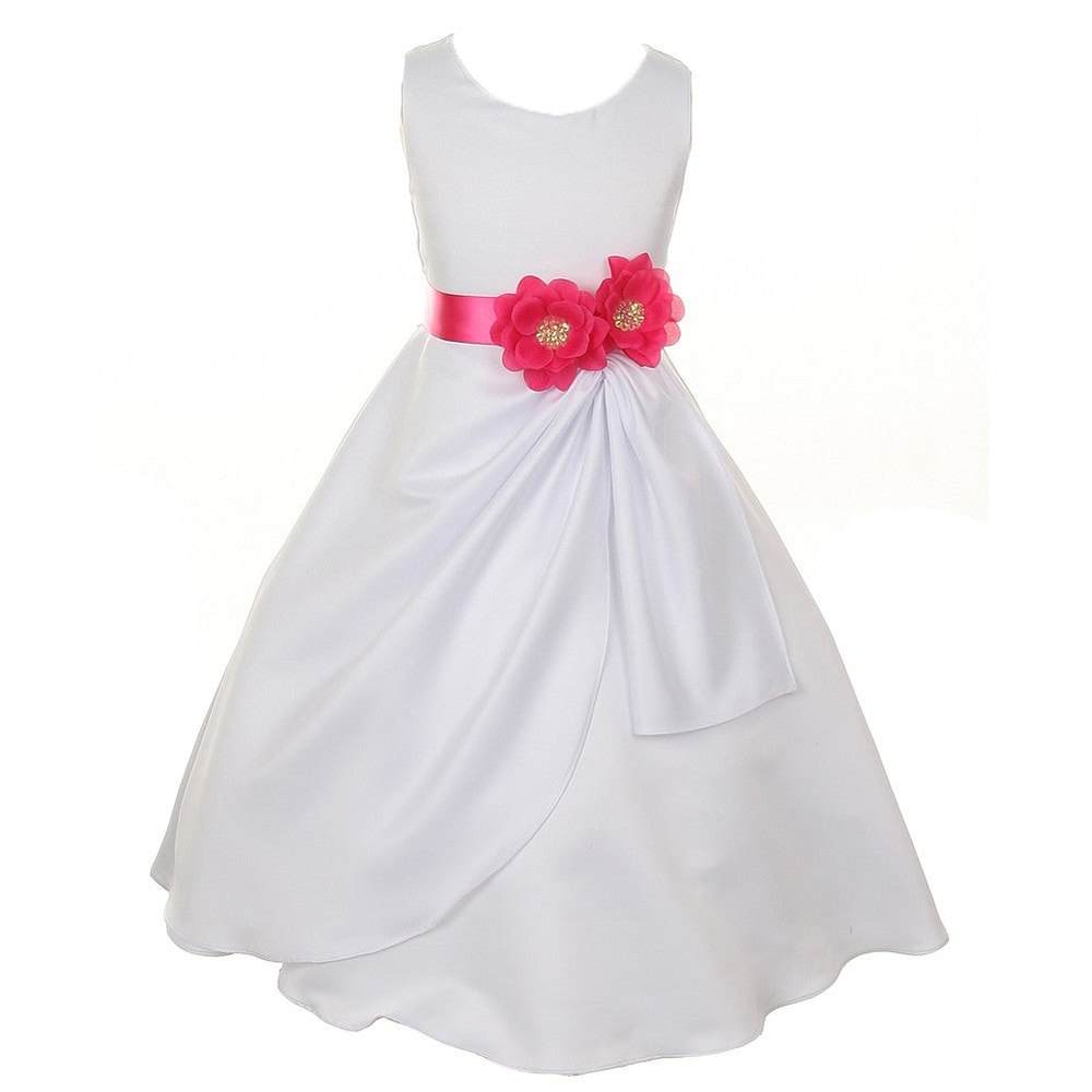 Little Girls White Fuchsia Bridal Dull Satin Sequin Flowers Occasion Dress 2-6