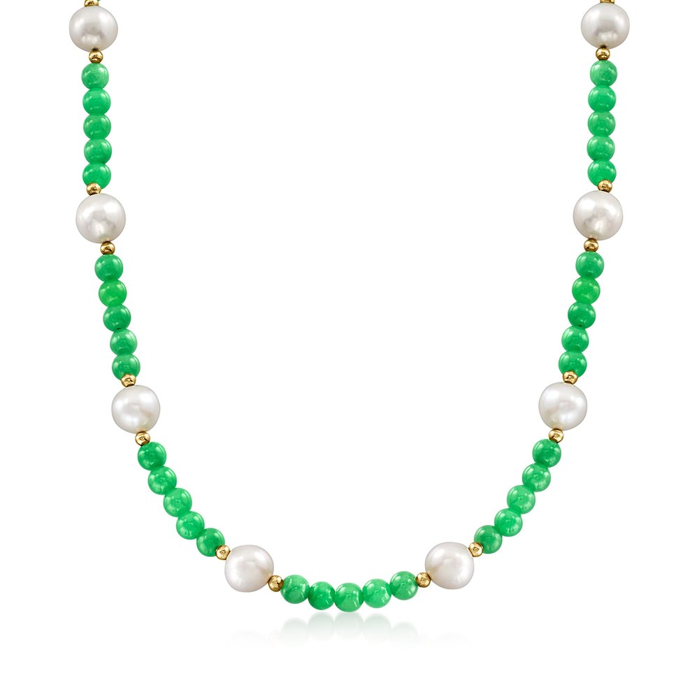 Ross-Simons 9-10mm Cultured Pearl and 6mm Jade Bead Necklace With 18kt Gold Over Sterling