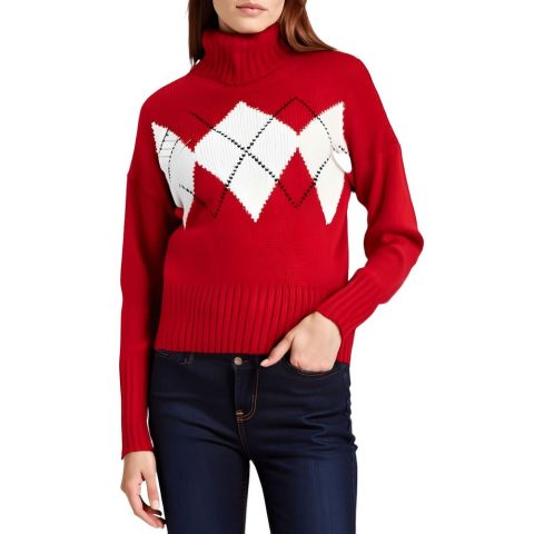 Argyle Ribbed Knit Turtleneck Sweater