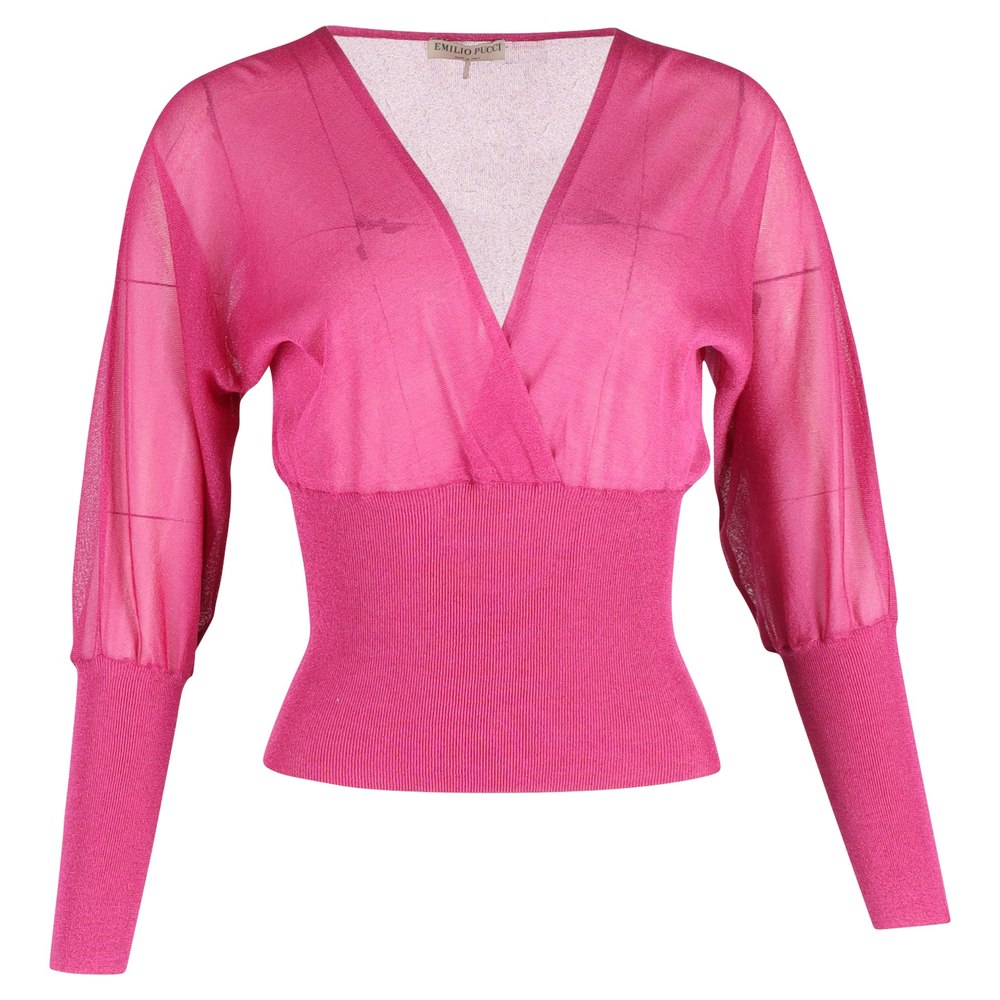 Emilio Pucci Long-sleeved V-neck Knitted Blouson Top in Pink Silk 7748630839356