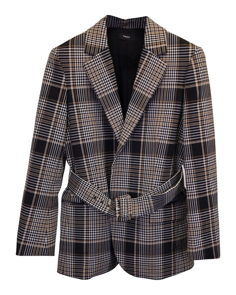 Theory Becket Belted Checked Blazer in Brown Polyester and Wool 7748632576060