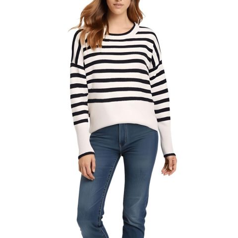 Striped Ribbed Knit Crewneck Sweater