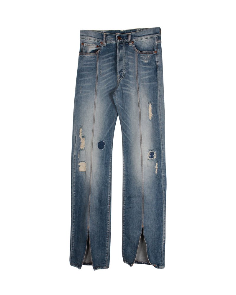 Off-White Distressed Straight Leg Denim Jeans in Blue Cotton 7748639588412
