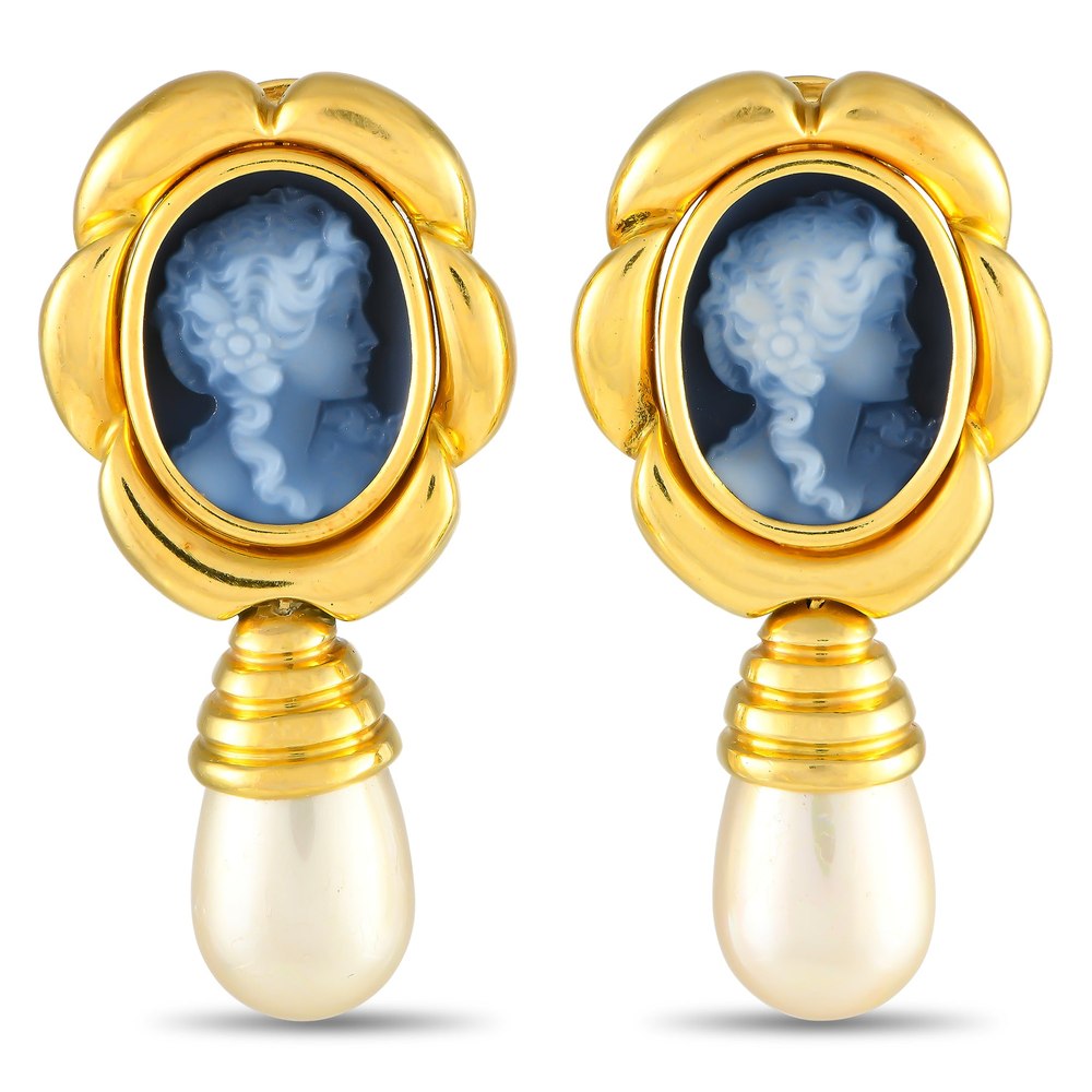 LB Exclusive 18K Yellow Gold Cameo and Pearl Earrings MF16-091224